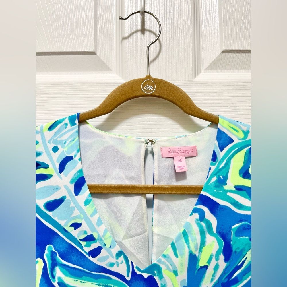 Lilly Pulitzer Dress Rosalia Beckon Blue Palm Passage Crepe Flounce Sleeves 00 - Picture 7 of 11